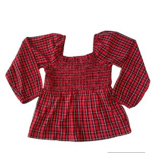 Old Navy Girl's Red Plaid Long Sleeve Back Bow Cutout Top XL Square Neck Holiday